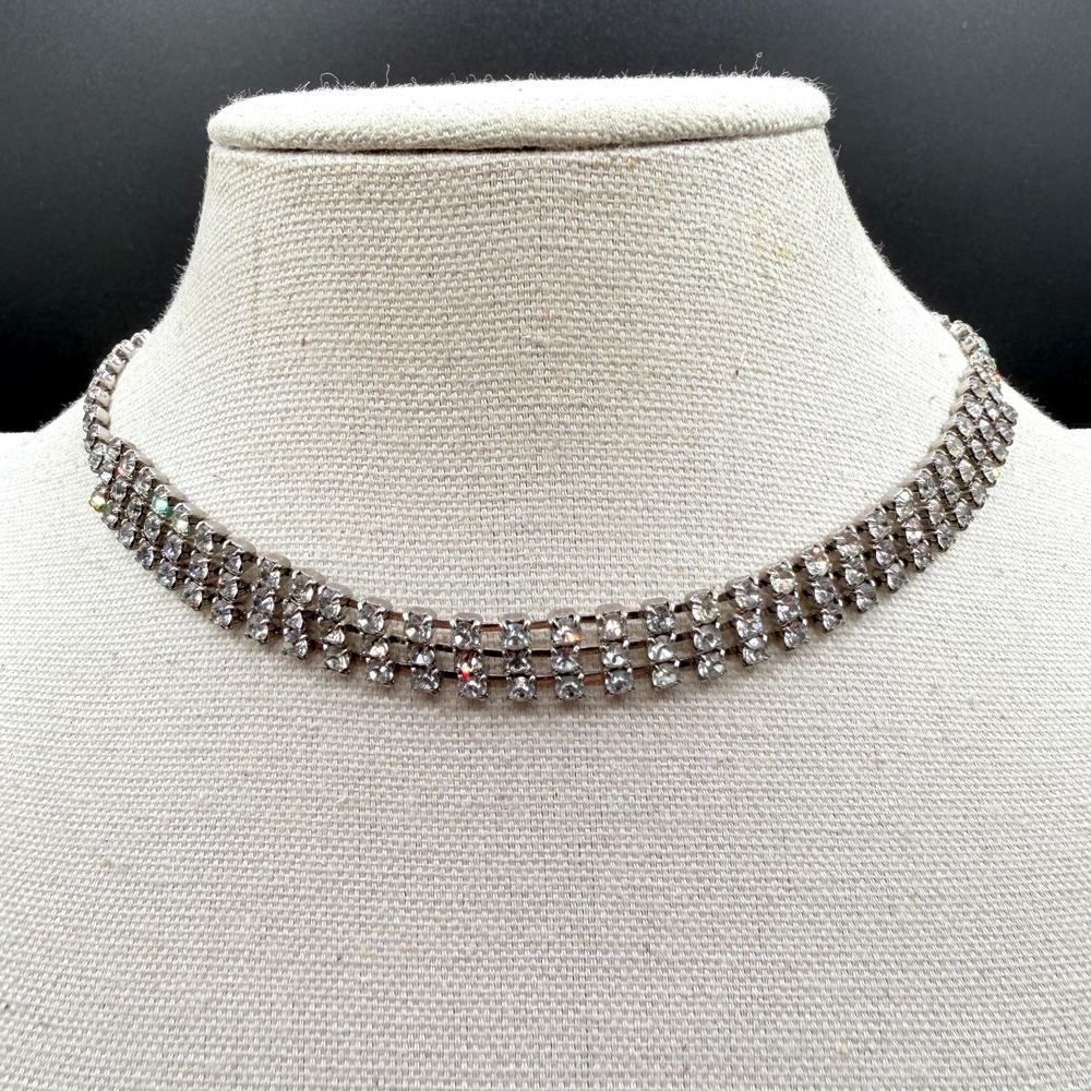 Clear Rhinestone Choker Necklace Silver Tone 3 Row Bridal Prom Statement Jewelry